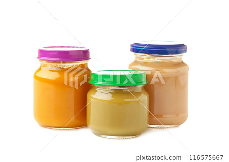 Jars of baby puree isolated on white background. 116575667