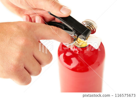 Man holding fire extinguisher isolated over white background, with clipping path. Man holding fire extinguisher isolated over white background, with clipping path. 116575673