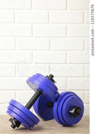 Violet gym dumbbells on white brick wall. Vertical foto. Violet gym dumbbells on white brick wall. Vertical foto. 116575676