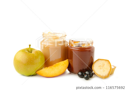 Glass jars with nutrient baby food and fruit isolated on white background 116575692