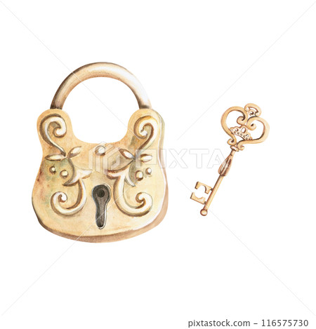 Padlock and key in a set in watercolor illustration. Hand drawn watercolor for cards, posters, cosmetics, celebration decoration. Composition isolated from background. 116575730