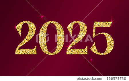 2025 Golden glitter number. Shiny elegant 2025 glowing digits isolated on dark background. Vector illustration 116575738