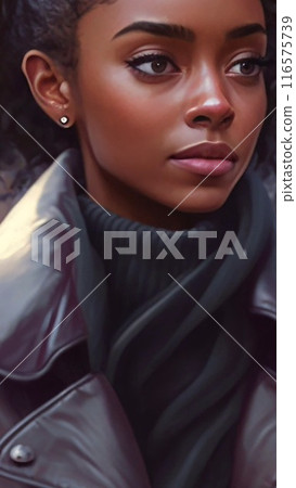Beautiful young african woman wearing coat walking outdoors at the park, carrying backpack 116575739
