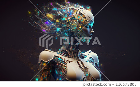 A woman with a robot face and a face painted in silver A woman with a robot face and a face painted in silver 116575805