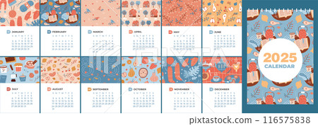 2025 calendar with 12 months sheets design. Vertical a4 a3 size template. Four seasons nature cute cozy patterns. Natural mood. Vector illustration in flat cartoon style. Week starting on Sunday. 116575838