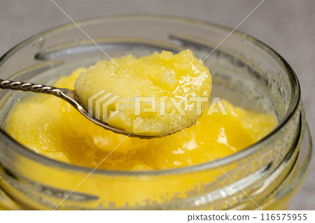 Ghee Butter. Healthy Clarified Butter, Close-Up. Ghee Butter. Healthy Clarified Butter, Close-Up. 116575955