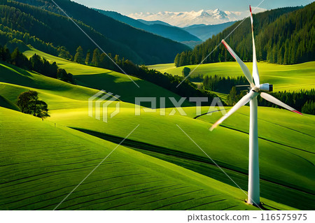 ReneGreen energy concept. wable energy wind turbines on the mountain 116575975