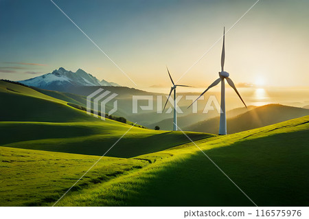 ReneGreen energy concept. wable energy wind turbines on the mountain 116575976