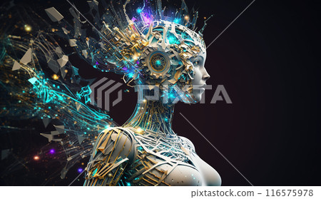 A woman with a robot face and a face painted in silver 116575978