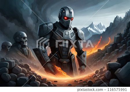 A robot stands in a desert with skulls in the background. A book cover for the book the science fiction series. 116575991