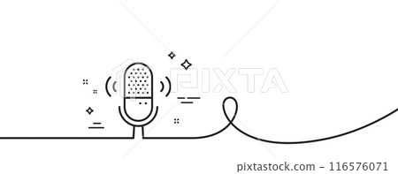 Microphone line icon. Continuous one line with curl. Studio mic sign. Voice record device symbol. Microphone single outline ribbon. Loop curve pattern. Vector 116576071