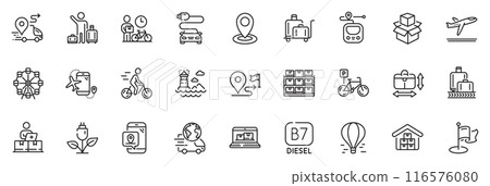 Icons pack as Ferris wheel, Online storage and Airport transfer line icons for app include Baggage reclaim, Air balloon, Delivery outline thin icon web set. Web inventory. Vector 116576080