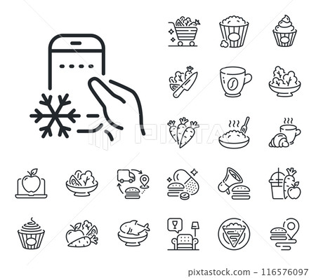 Fridge mobile application sign. Crepe, sweet popcorn and salad outline icons. Refrigerator app line icon. Remote control symbol. Refrigerator app line sign. Pasta spaghetti, fresh juice icon. Vector Fridge mobile application sign. Crepe, sweet popcorn and salad outline icons. Refrigerator app line icon. Remote control symbol. Refrigerator app line sign. Pasta spaghetti, fresh juice icon. Vector 116576097