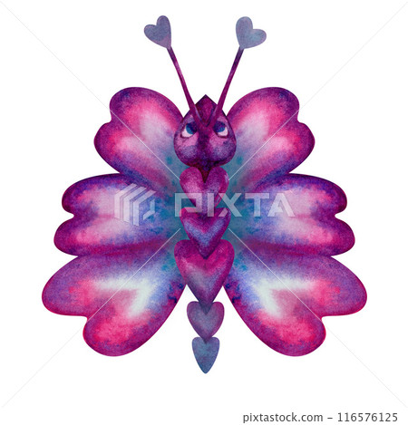 Purple, pink and azure butterfly, consisting of heart-shaped elements. Watercolor illustration for template cards, posters, invitations for valentine's day, wedding, engagement, declaration of love 116576125