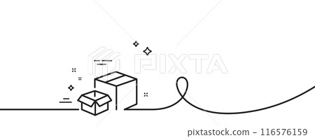 Packing boxes line icon. Continuous one line with curl. Delivery parcel sign. Cargo box symbol. Packing boxes single outline ribbon. Loop curve pattern. Vector Packing boxes line icon. Continuous one line with curl. Delivery parcel sign. Cargo box symbol. Packing boxes single outline ribbon. Loop curve pattern. Vector 116576159