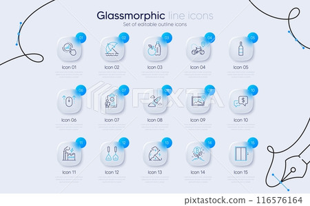 Set of Healthy food, Lift and Brandy bottle line icons for web app. Payment received, Electricity factory, Cooking cutlery icons. Startup rocket, Stress protection, Beach umbrella signs. Vector 116576164