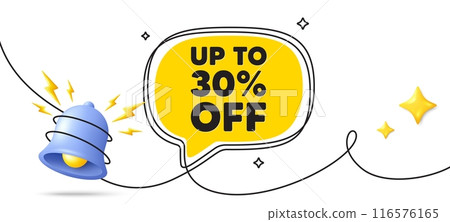 Up to 30 percent off sale. Continuous line art banner. Discount offer price sign. Special offer symbol. Save 30 percentages. Discount tag speech bubble background. Wrapped 3d bell icon. Vector 116576165