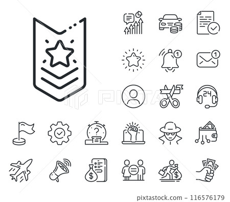 Star award sign. Salaryman, gender equality and alert bell outline icons. Shoulder strap stars line icon. Best rank symbol. Shoulder strap line sign. Spy or profile placeholder icon. Vector Star award sign. Salaryman, gender equality and alert bell outline icons. Shoulder strap stars line icon. Best rank symbol. Shoulder strap line sign. Spy or profile placeholder icon. Vector 116576179