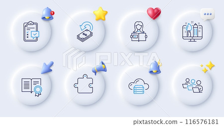 Cloud server, Woman read and Cashback line icons. Buttons with 3d bell, chat speech, cursor. Pack of Diploma, Teamwork, Puzzle icon. Creative design, Checklist pictogram. For web app, printing. Vector Cloud server, Woman read and Cashback line icons. Buttons with 3d bell, chat speech, cursor. Pack of Diploma, Teamwork, Puzzle icon. Creative design, Checklist pictogram. For web app, printing. Vector 116576181