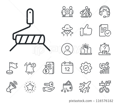 Wall roll brush sign. Salaryman, gender equality and alert bell outline icons. Paint roller line icon. Painter tool symbol. Paint roller line sign. Spy or profile placeholder icon. Vector Wall roll brush sign. Salaryman, gender equality and alert bell outline icons. Paint roller line icon. Painter tool symbol. Paint roller line sign. Spy or profile placeholder icon. Vector 116576182