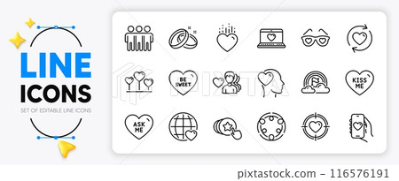 Wedding rings, Friend and Inclusion line icons set for app include Man love, Friendship, Hold heart outline thin icon. Love heart, Be sweet, Valentine target pictogram icon. Vector 116576191