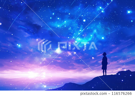 Anime girl standing cliff night sky shooting stars illustration landscape 116576266