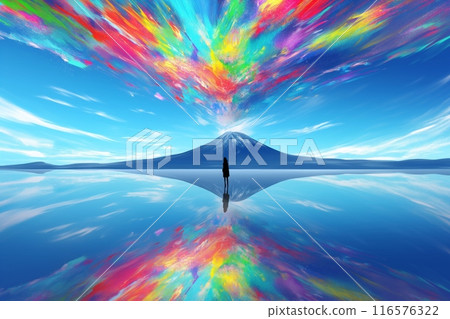 Illustration person rainbow colorful explosion from volcano reflective lake 116576322