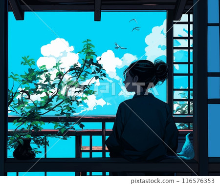 Woman black hair bun sits traditional Japanese room garden clear blue sky clouds anime illustration 116576353
