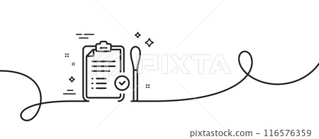 Nasal swab test passed line icon. Continuous one line with curl. Report with cotton swab sign. Coronavirus testing symbol. Nasal test single outline ribbon. Loop curve pattern. Vector Nasal swab test passed line icon. Continuous one line with curl. Report with cotton swab sign. Coronavirus testing symbol. Nasal test single outline ribbon. Loop curve pattern. Vector 116576359
