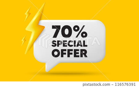 70 percent discount offer tag. 3d speech bubble banner with power energy. Sale price promo sign. Special offer symbol. Discount chat speech message. 3d offer talk box. Vector 116576391