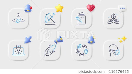 Organic tested, Vaccination passport and Fair trade line icons. Buttons with 3d bell, chat speech, cursor. Pack of Medical mask, Beach umbrella, Telemedicine icon. Corn, Slow fashion pictogram. Vector 116576425