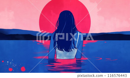 Woman immersed in water red sun setting calm lake anime style illustration 116576443