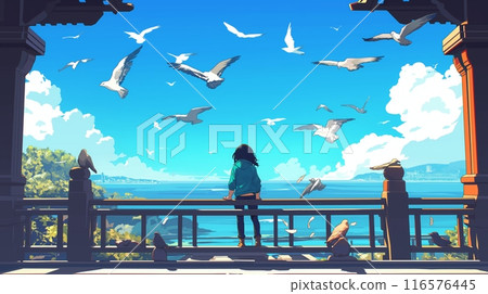 Young girl teal jacket view seagulls flying traditional Japanese pagoda sea illustration 116576445