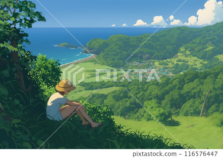 Child straw hat sits on grassy hillside looking down coastal village ocean illustration 116576447