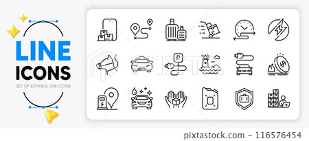 Hold box, Electric energy and Car wash line icons set for app include Baggage, Taxi, Canister oil outline thin icon. Dog leash, Time schedule, Luggage protect pictogram icon. Journey. Vector 116576454