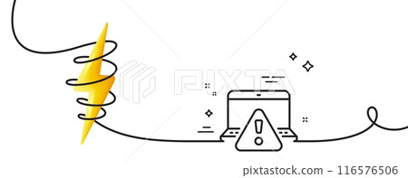 Online warning line icon. Continuous one line with curl. Attention triangle sign. Internet caution symbol. Online warning single outline ribbon. Loop curve with energy. Vector Online warning line icon. Continuous one line with curl. Attention triangle sign. Internet caution symbol. Online warning single outline ribbon. Loop curve with energy. Vector 116576506