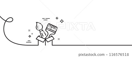 Paint brush line icon. Continuous one line with curl. Wall paintbrush box sign. Creative drawing art symbol. Brush single outline ribbon. Loop curve pattern. Vector 116576518