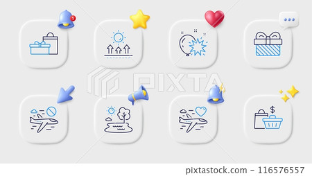 Balloon dart, Gifts and Gift line icons. Buttons with 3d bell, chat speech, cursor. Pack of Sale bags, Lake, Honeymoon travel icon. Sun protection, Cancel flight pictogram. Vector 116576557
