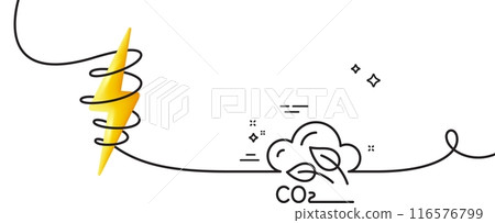 Co2 gas line icon. Continuous one line with curl. Carbon dioxide emissions sign. Exhaust reduction symbol. Co2 gas single outline ribbon. Loop curve with energy. Vector Co2 gas line icon. Continuous one line with curl. Carbon dioxide emissions sign. Exhaust reduction symbol. Co2 gas single outline ribbon. Loop curve with energy. Vector 116576799
