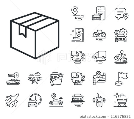 Logistics delivery sign. Plane, supply chain and place location outline icons. Shipping box line icon. Parcels tracking symbol. Parcel line sign. Taxi transport, rent a bike icon. Travel map. Vector 116576821
