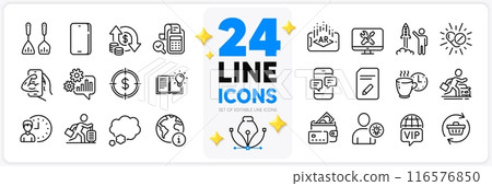 Icons set of Coffee break, User idea and Car rental line icons pack for app with Cogwheel, Phone messages, Change money thin outline icon. Phone, Fitness, Repair pictogram. Working hours. Vector 116576850