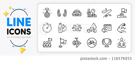 Fishing reel, Fishing rod and Arena stadium line icons set for app include Winner, Bike attention, Bicycle prohibited outline thin icon. Strong arm, Timer, Yoga pictogram icon. Vector Fishing reel, Fishing rod and Arena stadium line icons set for app include Winner, Bike attention, Bicycle prohibited outline thin icon. Strong arm, Timer, Yoga pictogram icon. Vector 116576855