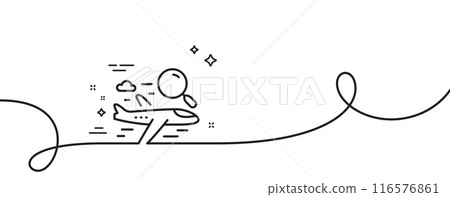 Search flight line icon. Continuous one line with curl. Airplane with magnifying glass sign. Find airport flights symbol. Search flight single outline ribbon. Loop curve pattern. Vector 116576861