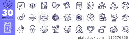 Coronavirus, Eye drops and Stay home line icons pack. Health eye, Wash hands, Skin condition web icon. Checklist, Vaccine message, Alcohol addiction pictogram. Fluorine mineral. Vector Coronavirus, Eye drops and Stay home line icons pack. Health eye, Wash hands, Skin condition web icon. Checklist, Vaccine message, Alcohol addiction pictogram. Fluorine mineral. Vector 116576866