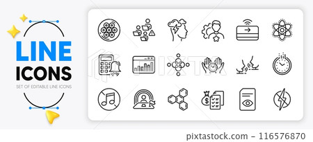 Talk, Teamwork and Chemistry atom line icons set for app include Accounting wealth, Lgbt, Mindfulness stress outline thin icon. Cable section, Marketing statistics, Safe time pictogram icon. Vector Talk, Teamwork and Chemistry atom line icons set for app include Accounting wealth, Lgbt, Mindfulness stress outline thin icon. Cable section, Marketing statistics, Safe time pictogram icon. Vector 116576870