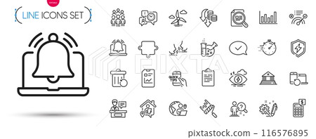 Pack of Deflation, Reminder and Calculator line icons. Include Check article, Recovery trash, Time management pictogram icons. Approved message, Work home, Timer signs. Education. Vector Pack of Deflation, Reminder and Calculator line icons. Include Check article, Recovery trash, Time management pictogram icons. Approved message, Work home, Timer signs. Education. Vector 116576895