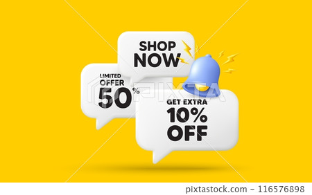 Get Extra 10 percent off sale. 3d offer chat speech bubbles. Discount offer price sign. Special offer symbol. Save 10 percentages. Extra discount speech bubble 3d message. Vector 116576898