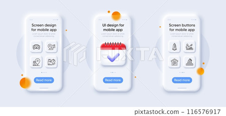 Delivery time, Journey and Rocket line icons pack. 3d phone mockups with calendar. Glass smartphone screen. Parking, Car, Charging station web icon. Eco bike, Roller coaster pictogram. Vector 116576917