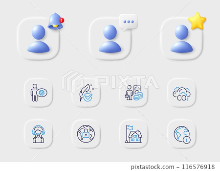 Internet, Building and Support line icons. Placeholder with 3d star, reminder bell, chat. Pack of Lock, Hypoallergenic tested, Money profit icon. Cogwheel, Co2 pictogram. For web app, printing. Vector 116576918