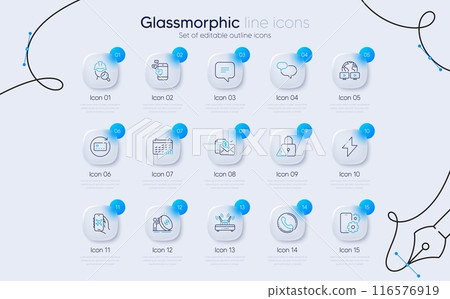 Set of Calendar graph, Energy and Lock line icons for web app. Wifi, Inspect, Phone service icons. Accounting report, Chat message, Renew card signs. Video conference, Communication. Vector 116576919